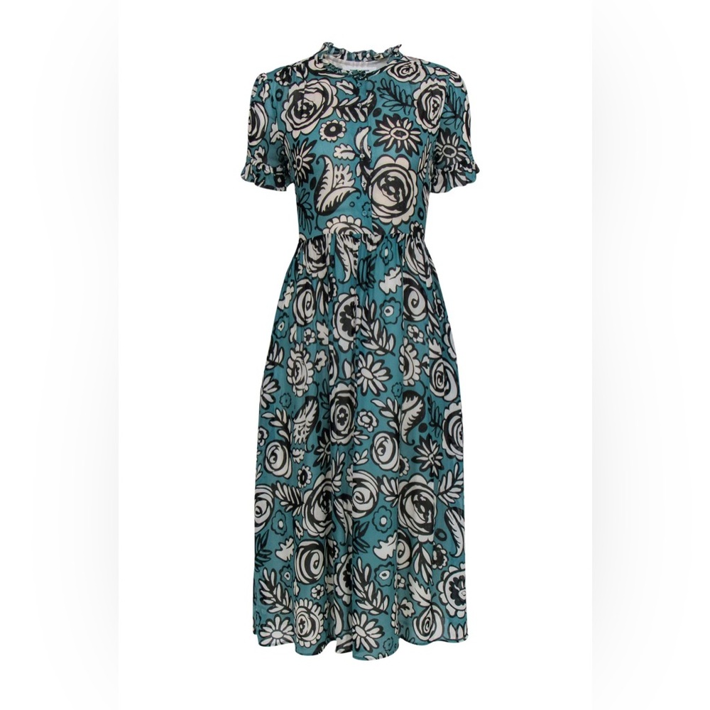 Samsoe Samsoe Teal Floral Printed Midi Shirt Dress Sz S